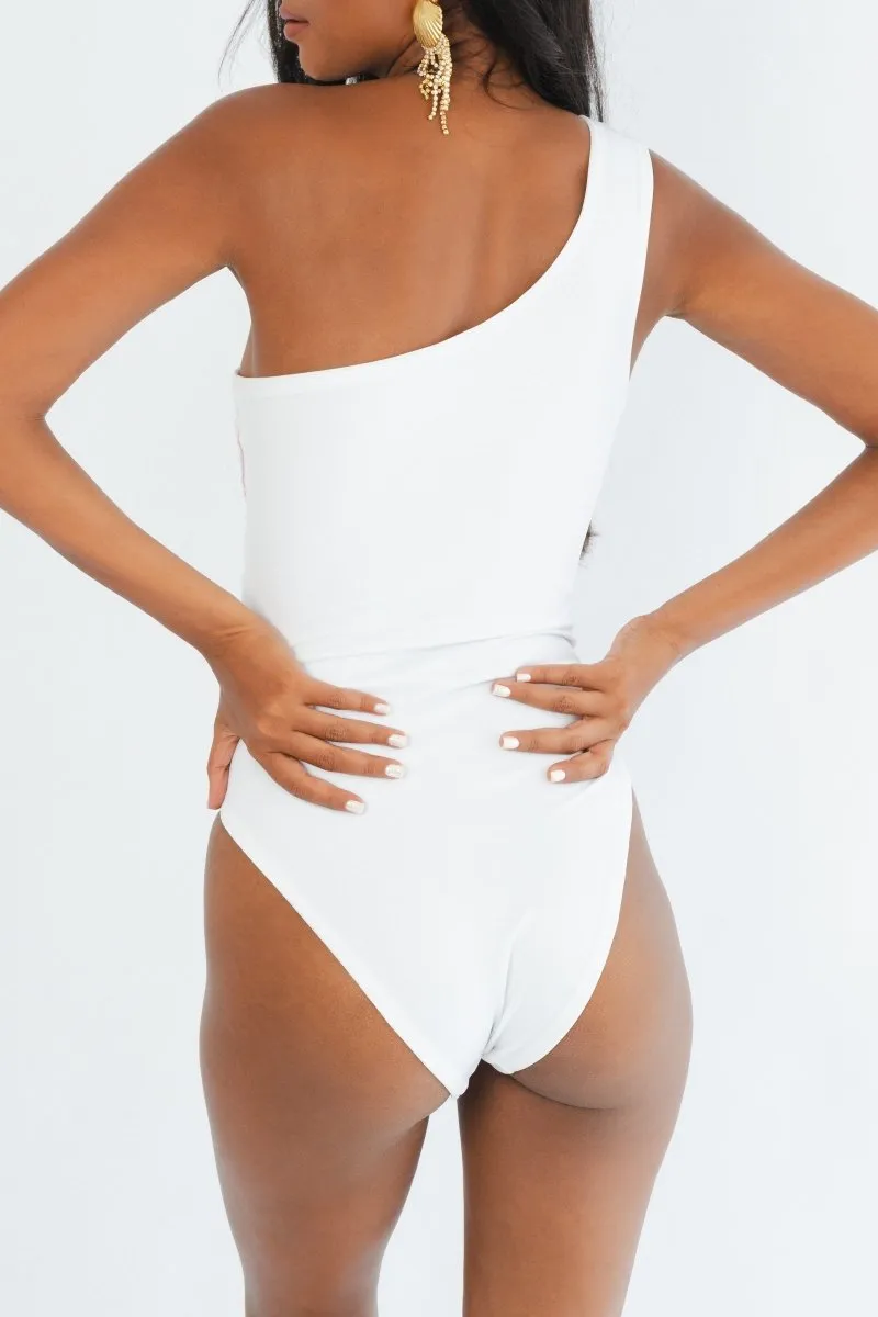 Seashell Hand Beaded One Piece Swimsuit White Elastic Free Edging