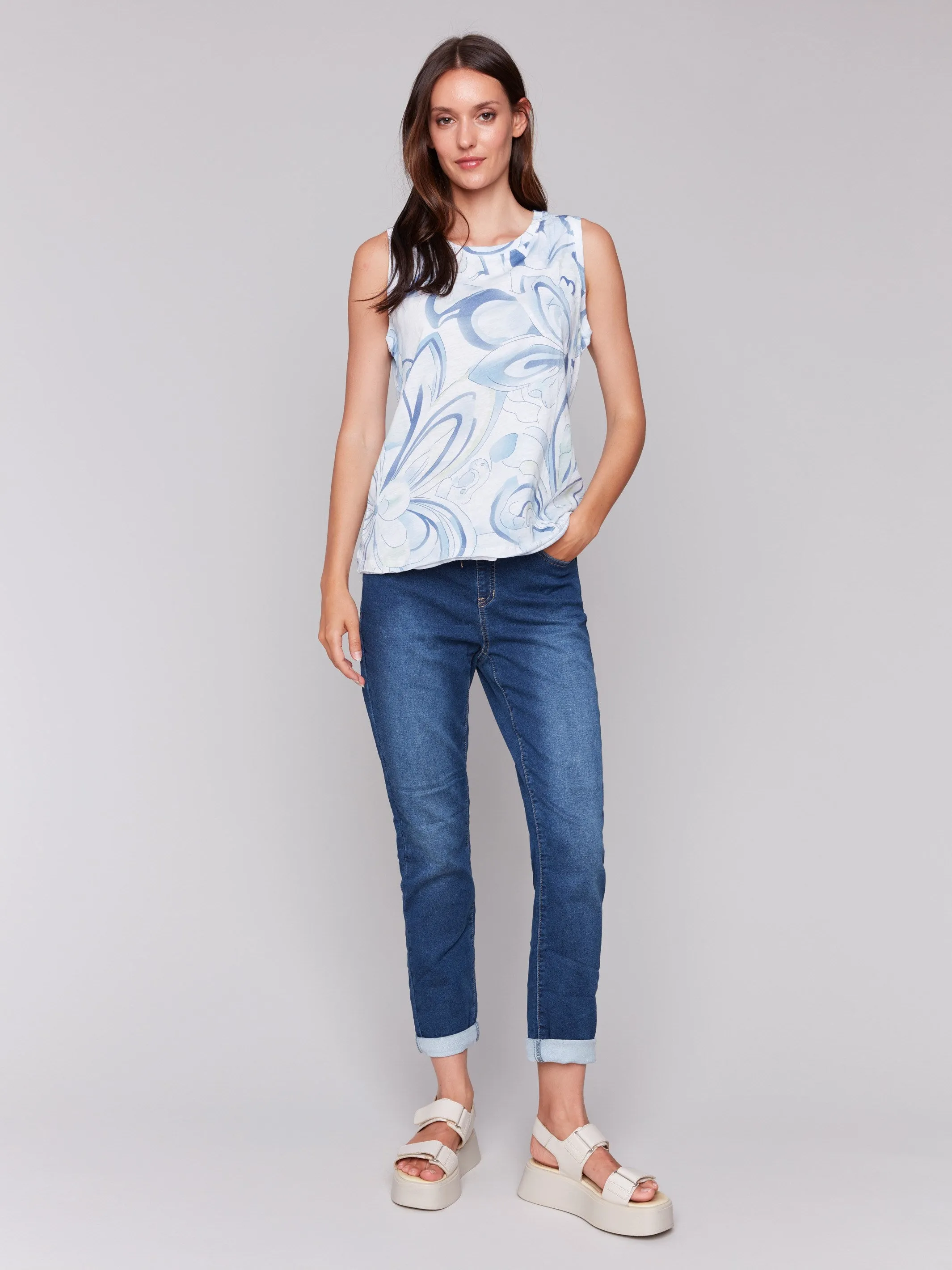LowBulkFabric Boho Light Printed Organic Cotton Sleeveless Top - Swirls