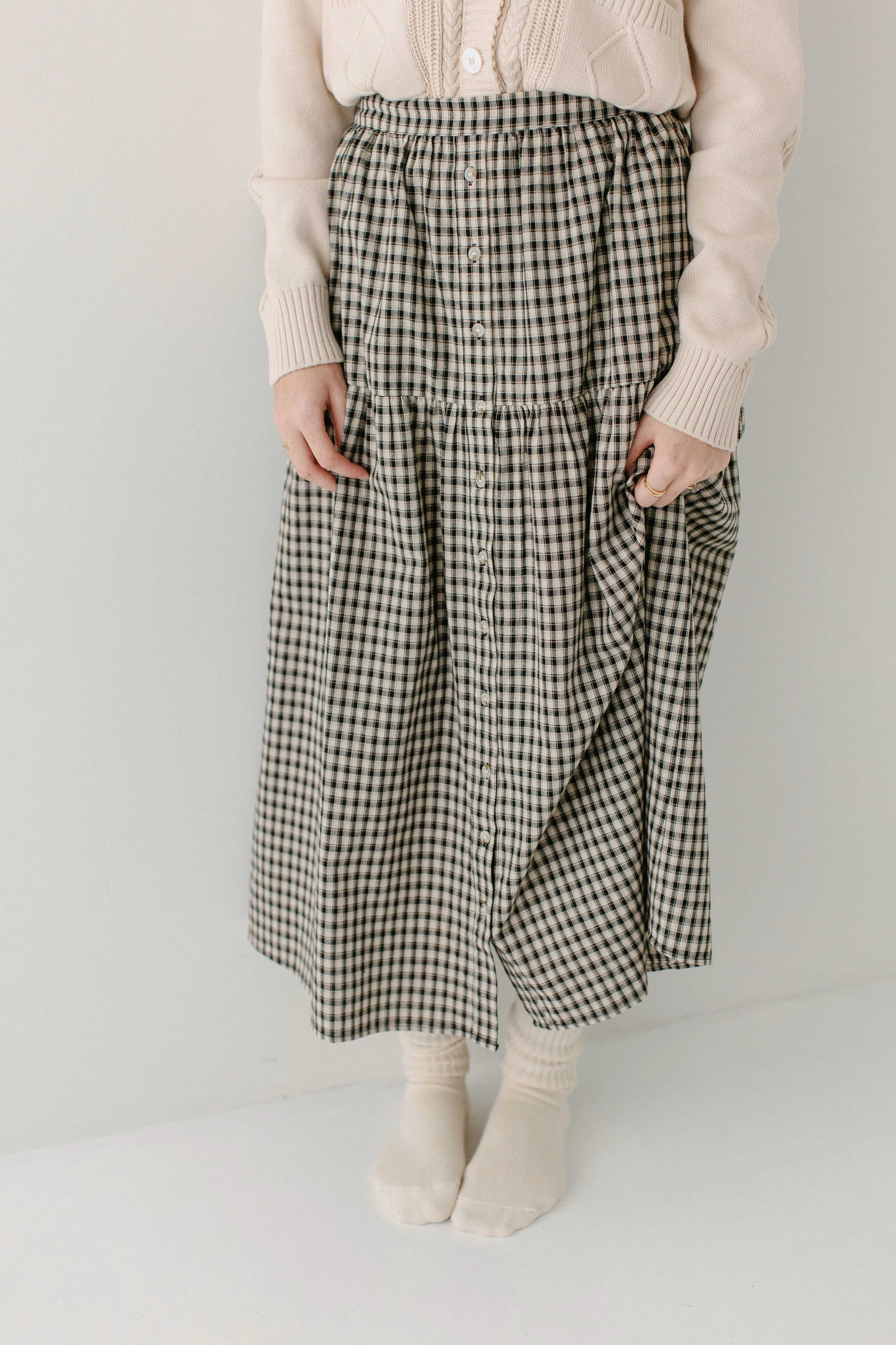 'Aquila' Button Down Black Plaid Gingham Midi Skirt Classic Feel Non Irritating Seams
