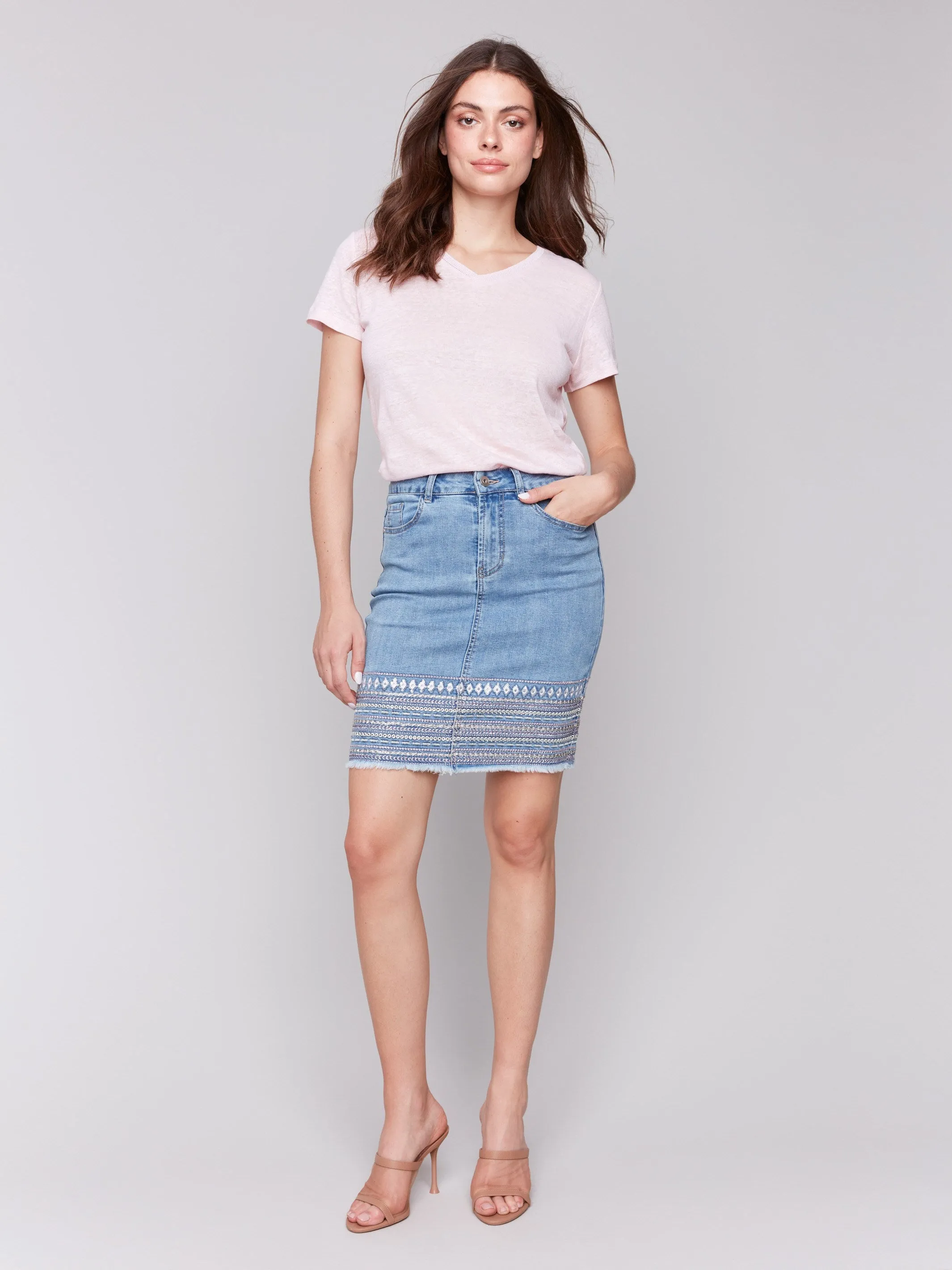Cashmere Touch Sporty Edge Embroidered Hem Denim Skort - Light Blue