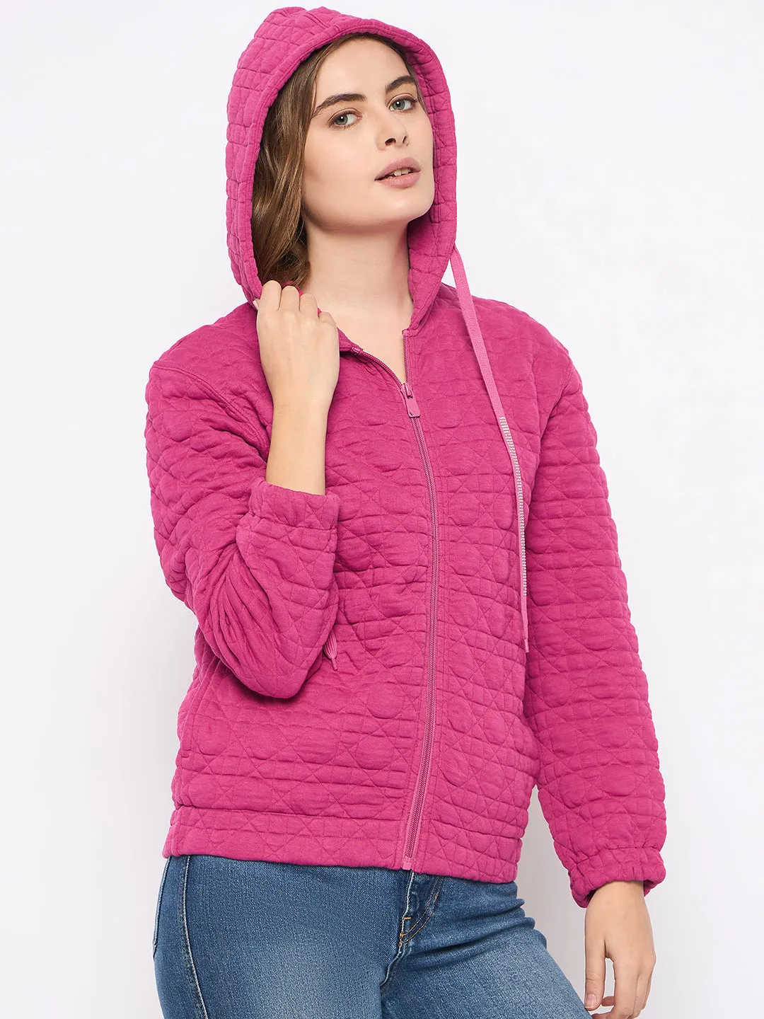 Madame Cotton Blend Self-Textured Zipped Hot Pink Sweatshirt comfortable for standing