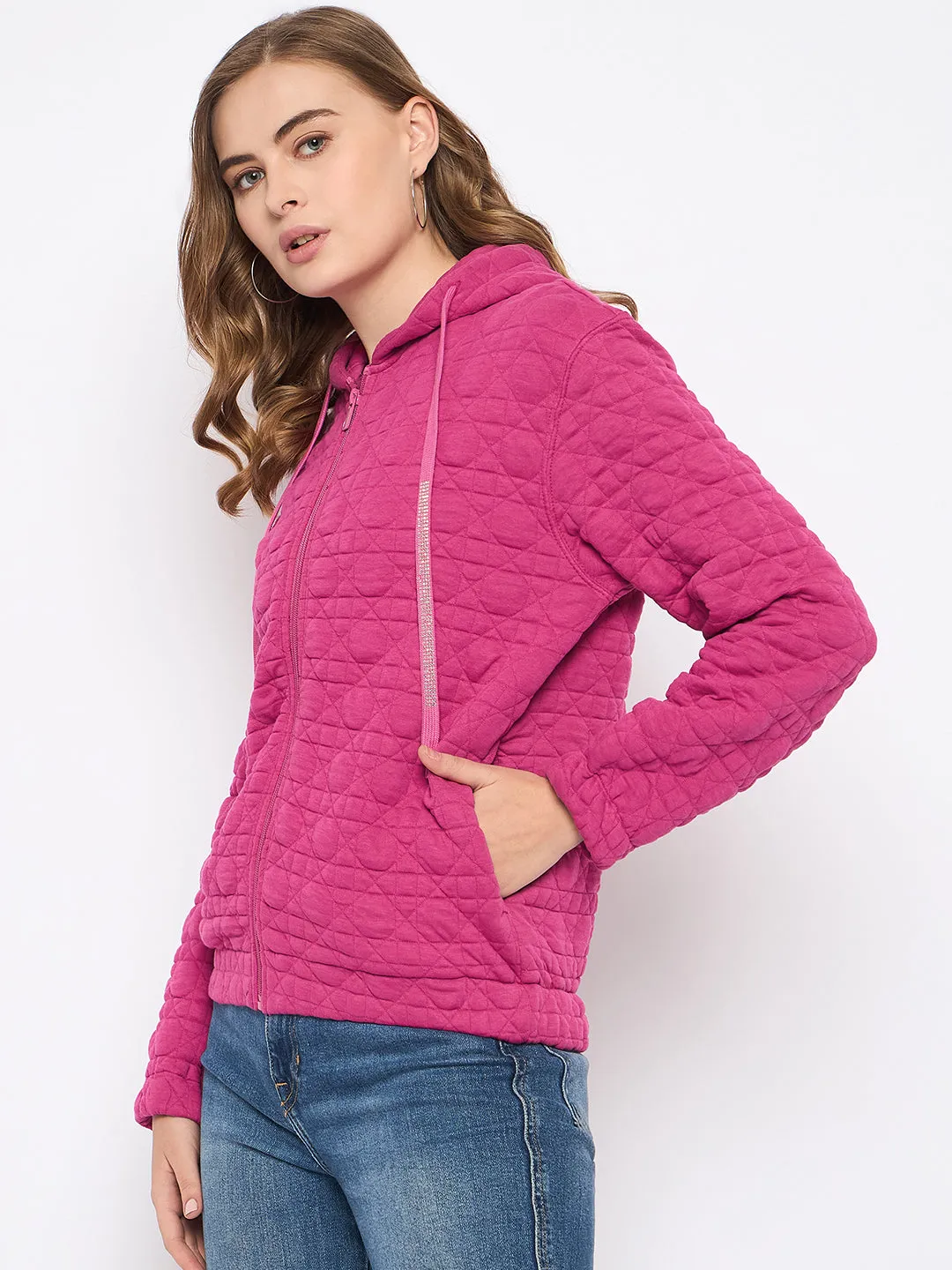 good for rainy days product buckle functionality Madame Cotton Blend Self-Textured Zipped Hot Pink Sweatshirt