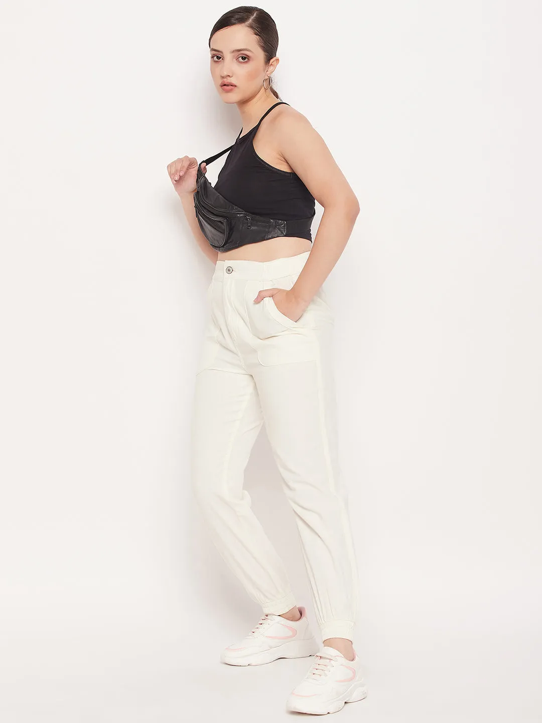 Simple Fit Cropped hem Madame White Elasticated Cotton Joggers
