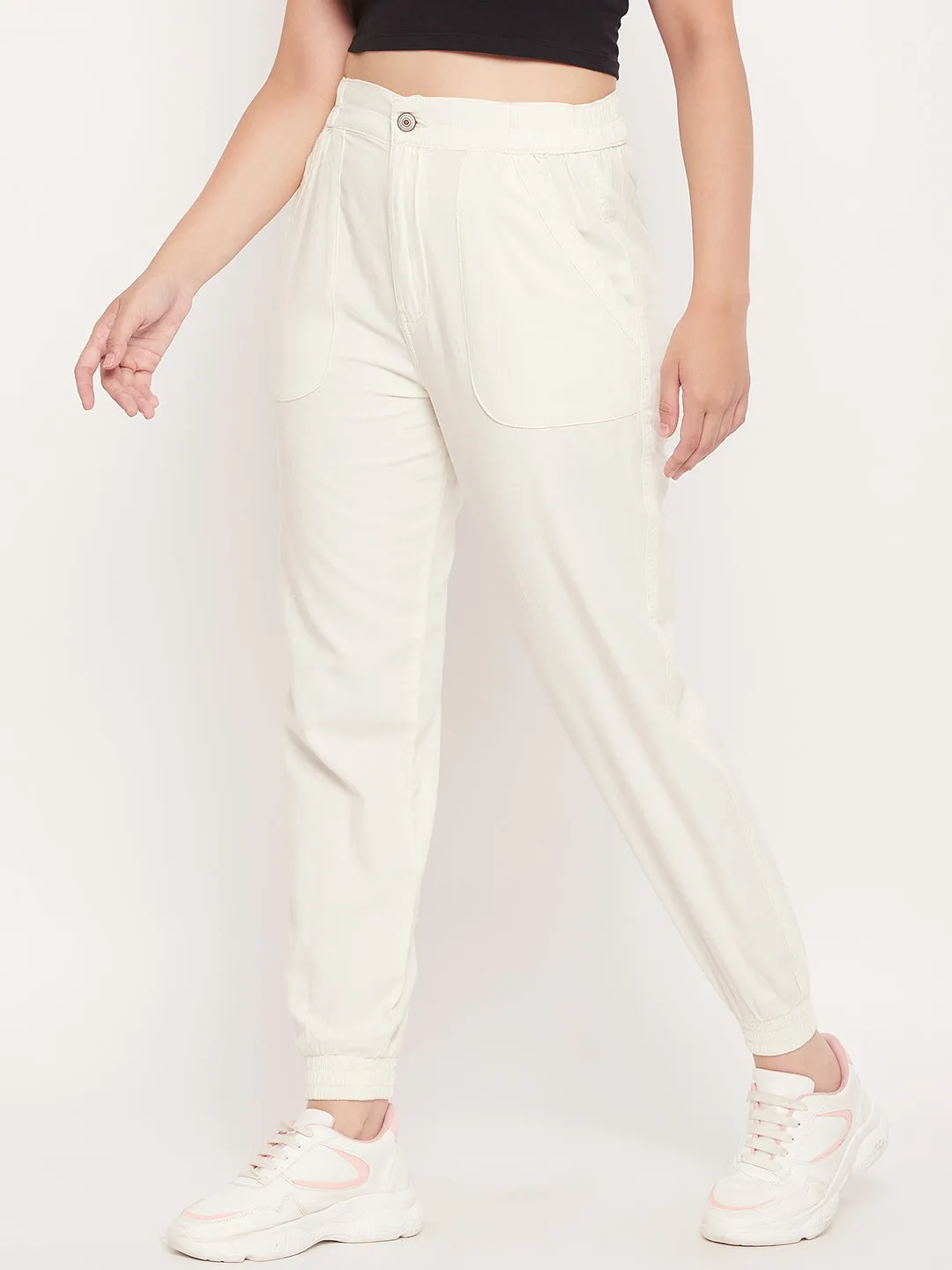 Madame White Elasticated Cotton Joggers Outdoor Style