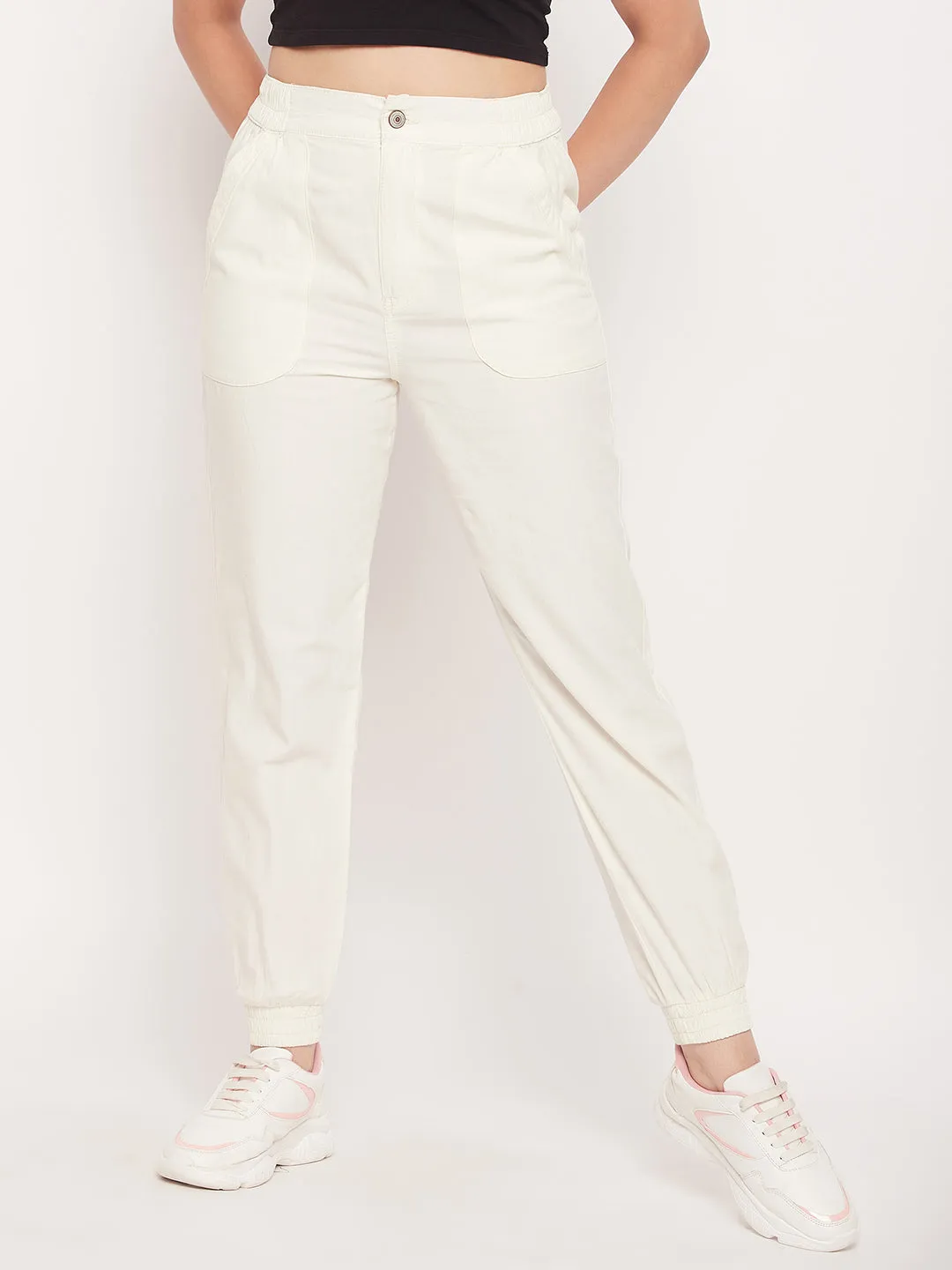 Flattering Fit Breathable Lining Madame White Elasticated Cotton Joggers
