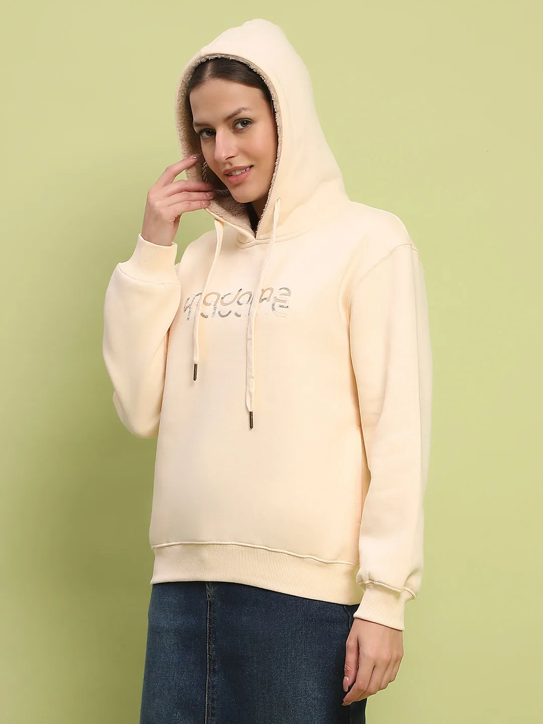 Semi Formal Classic Active Madame Typography Print Hooded Beige Cotton Sweatshirt