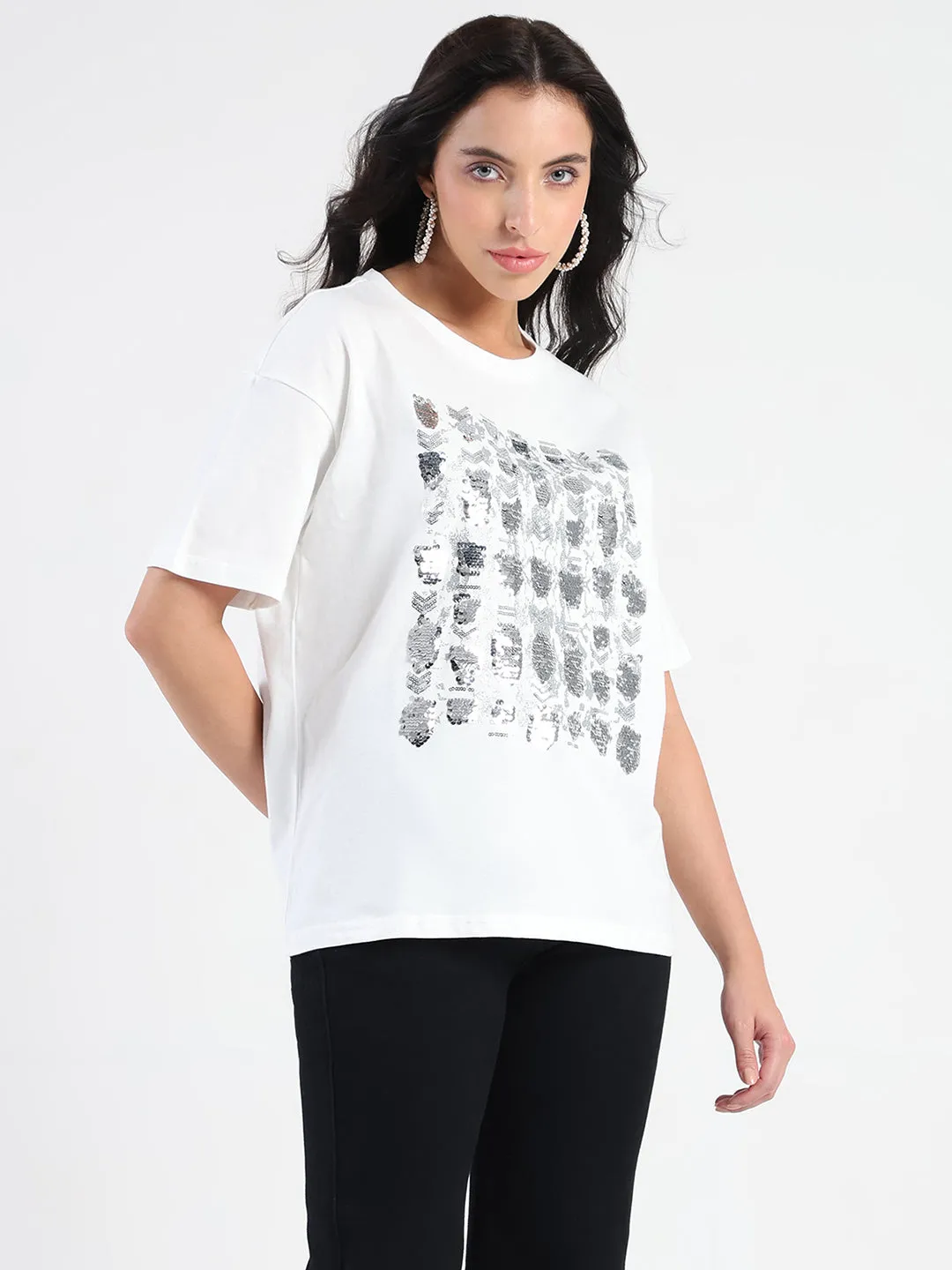 NonRestrictiveCut Lightweight Weave Madame Front Embellished Solid White Cotton T-shirt