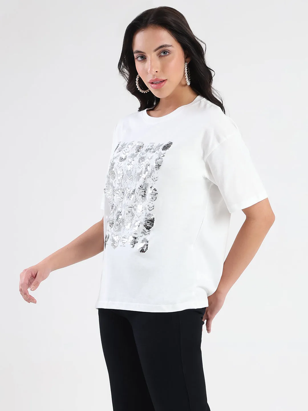 Madame Front Embellished Solid White Cotton T-shirt Functional Look Stain Resistant