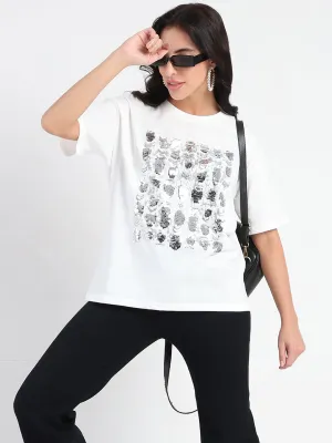 Madame Front Embellished Solid White Cotton T-shirt Fashion-Ready Sublimation Resistant Fabric