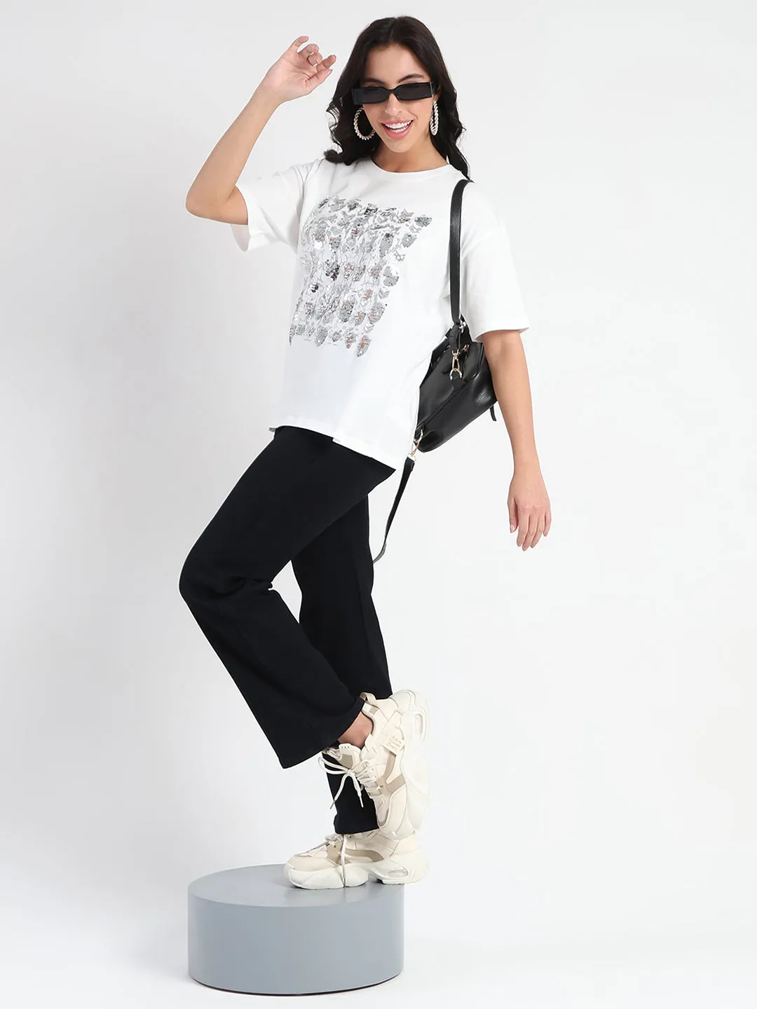 Madame Front Embellished Solid White Cotton T-shirt Chafe Free Armhole Layered Sleeve Construction