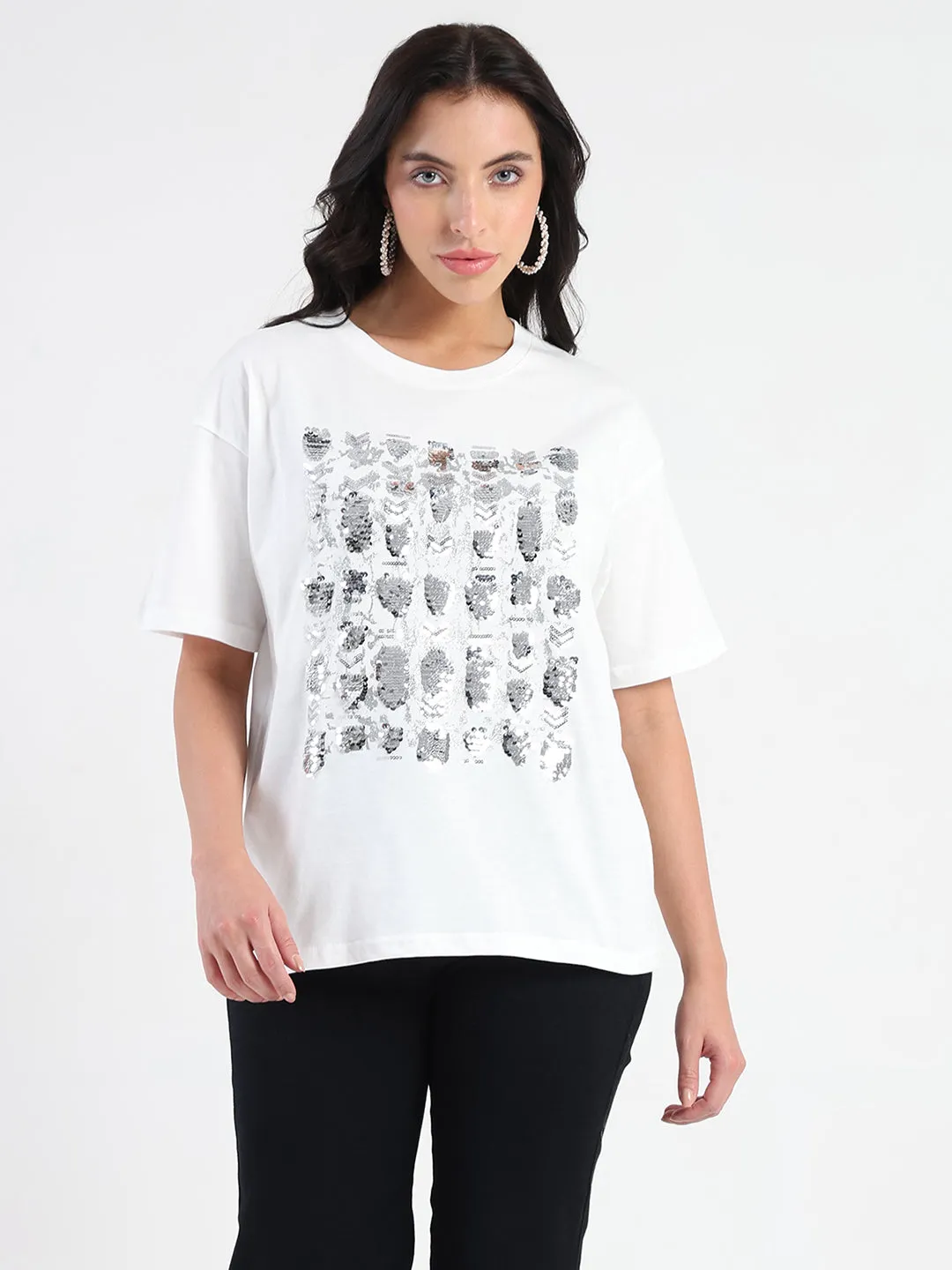 Madame Front Embellished Solid White Cotton T-shirt Casual layering piece MinimalistStitching