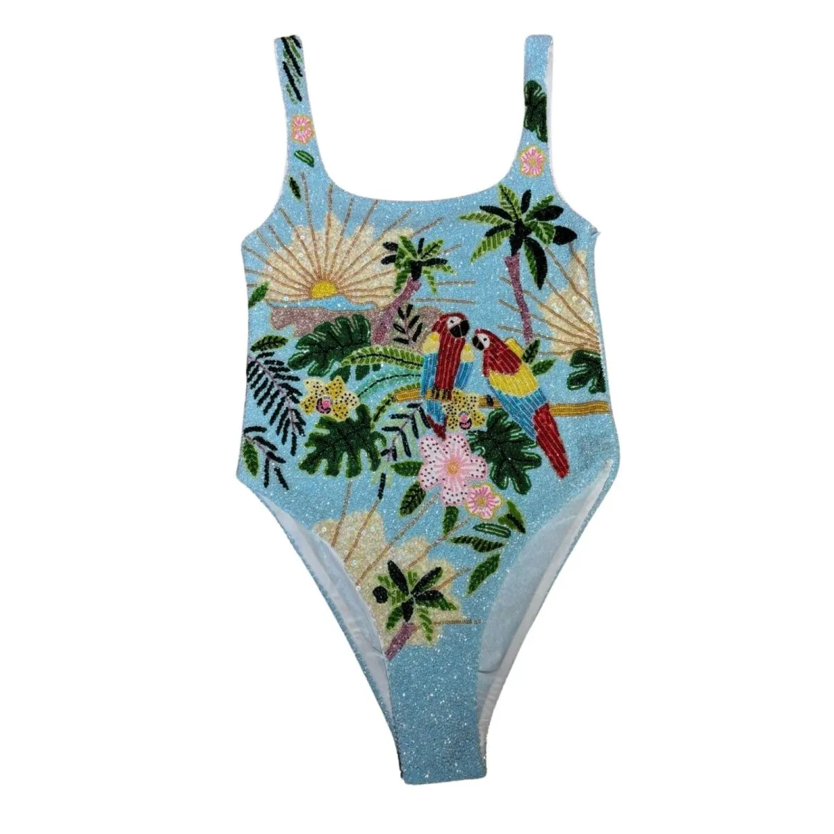Pandora Luxe Hand Beaded Baby Blue Swimsuit Vacation Swimwear Tone-On-Tone