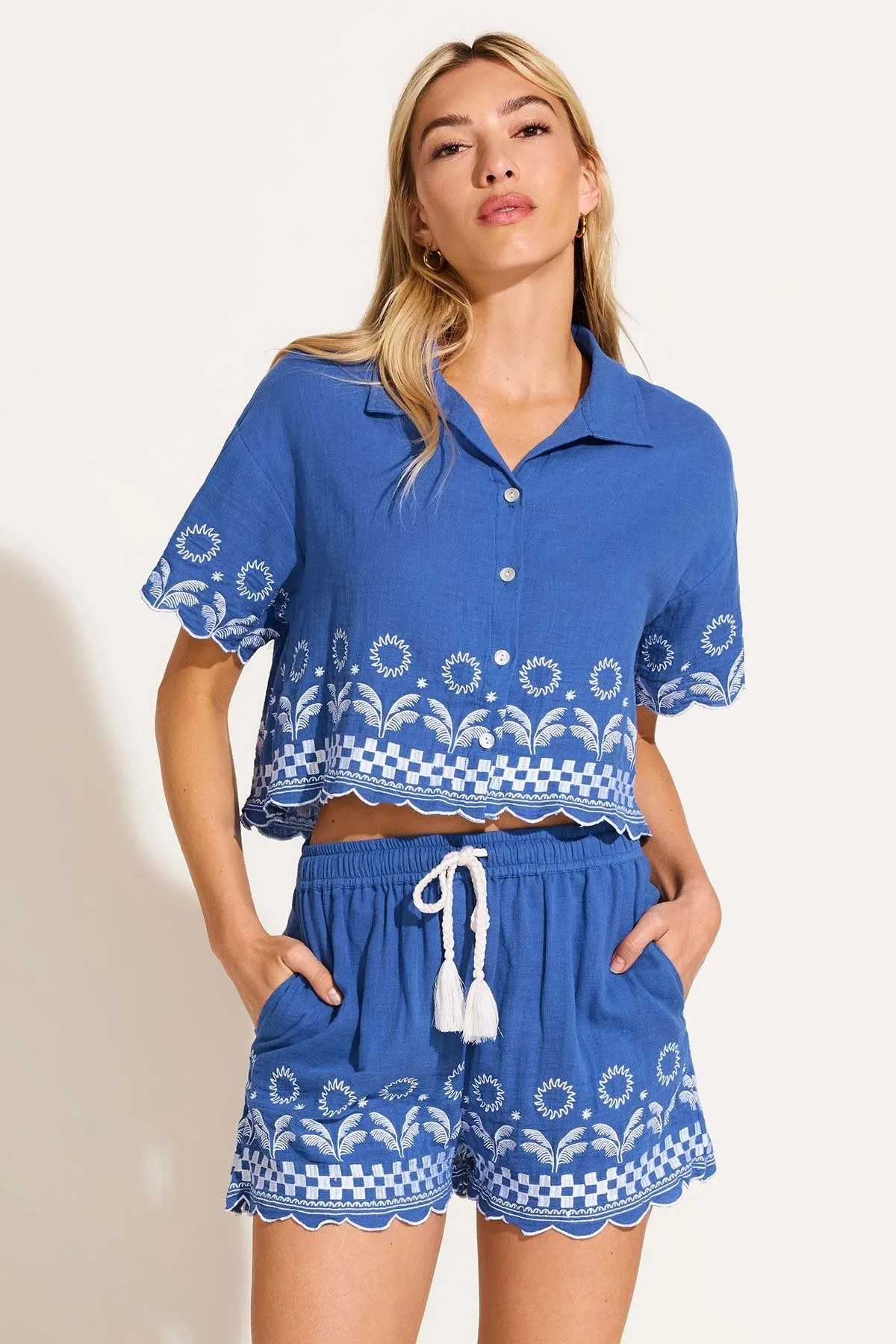 Daya Embroidered Short - Cobalt Mykonos Lightweight Shorts Vintage Look