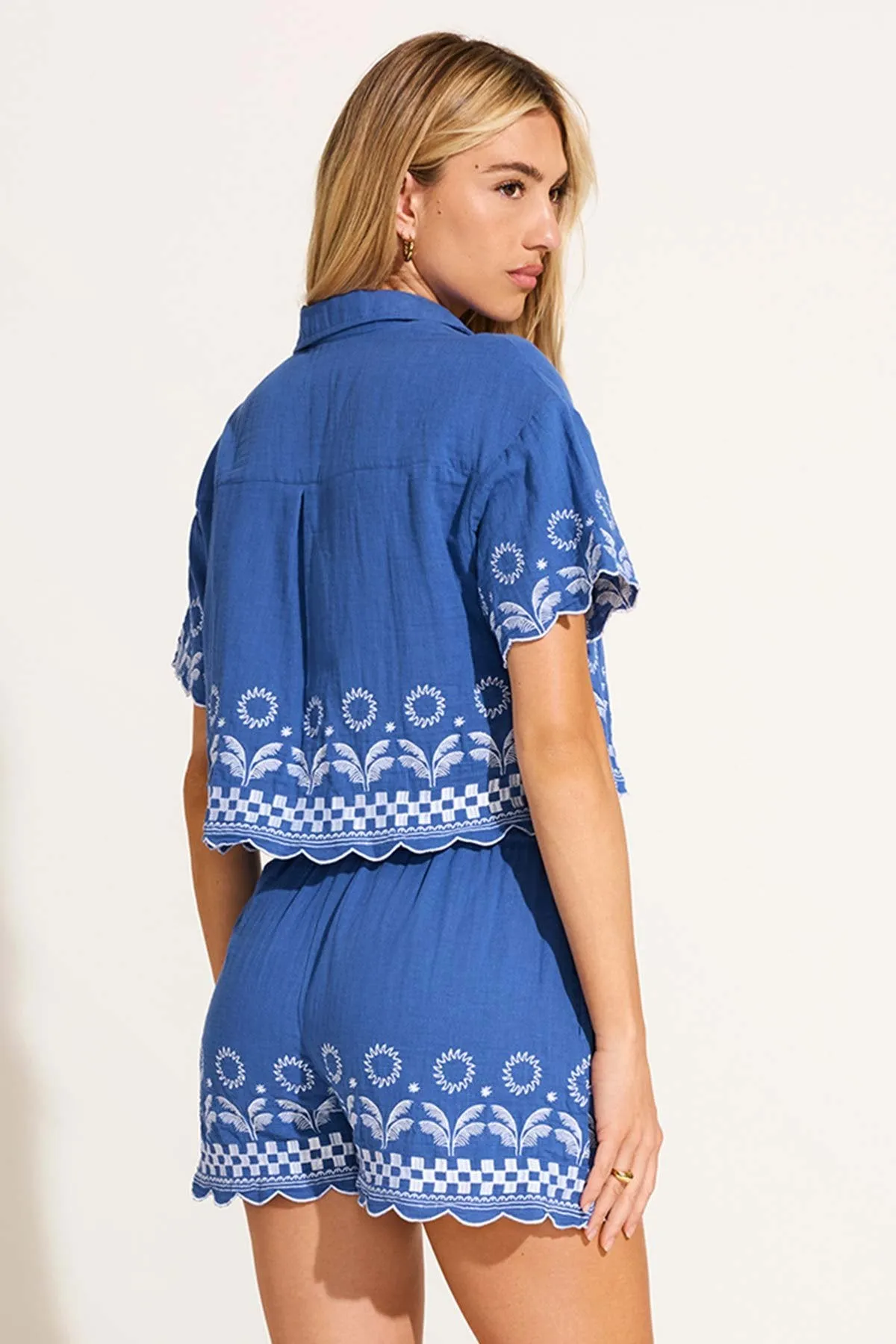 Daya Embroidered Short - Cobalt Mykonos Double Layered Hem