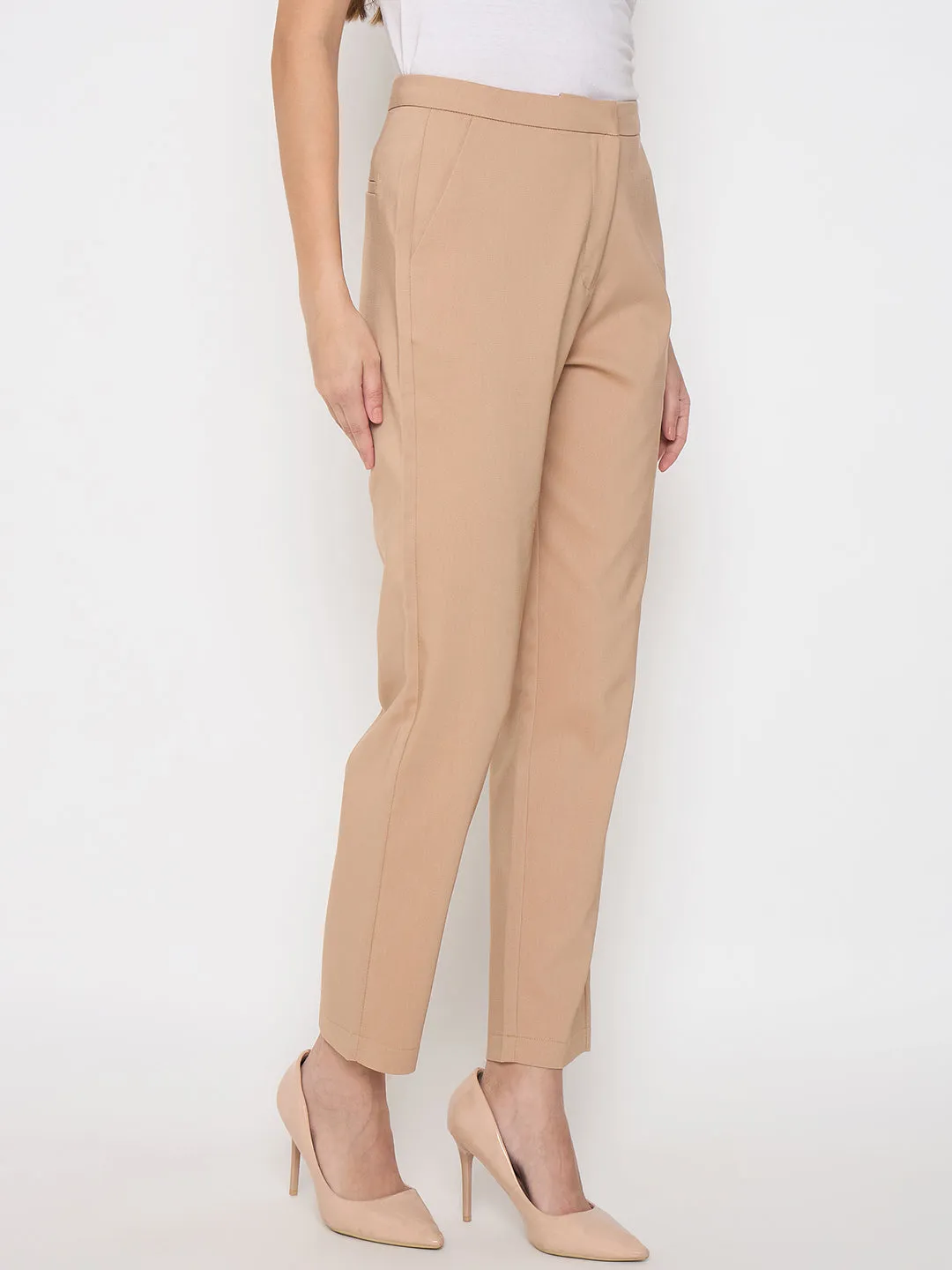 SlimFit Flex Fit Madame Alex Waist Belt Detail Solid Beige Trousers