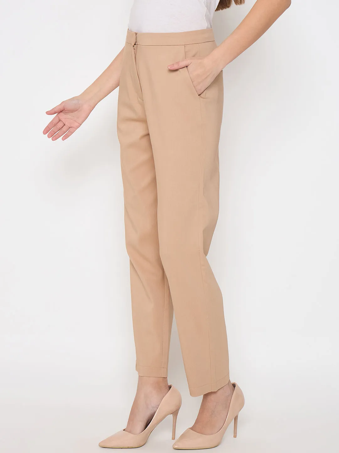 Madame Alex Waist Belt Detail Solid Beige Trousers Timeless Comfort Fit