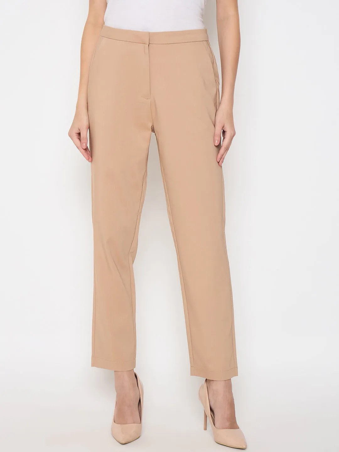 Durable Seam Construction Comfortable Leg Madame Alex Waist Belt Detail Solid Beige Trousers