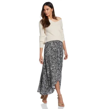 Synthetic Blend Relaxed Outfit Printed Crepe Faux Wrap Skirt
