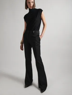 Button front Black stretch wool gabardine bootleg-cut trousers