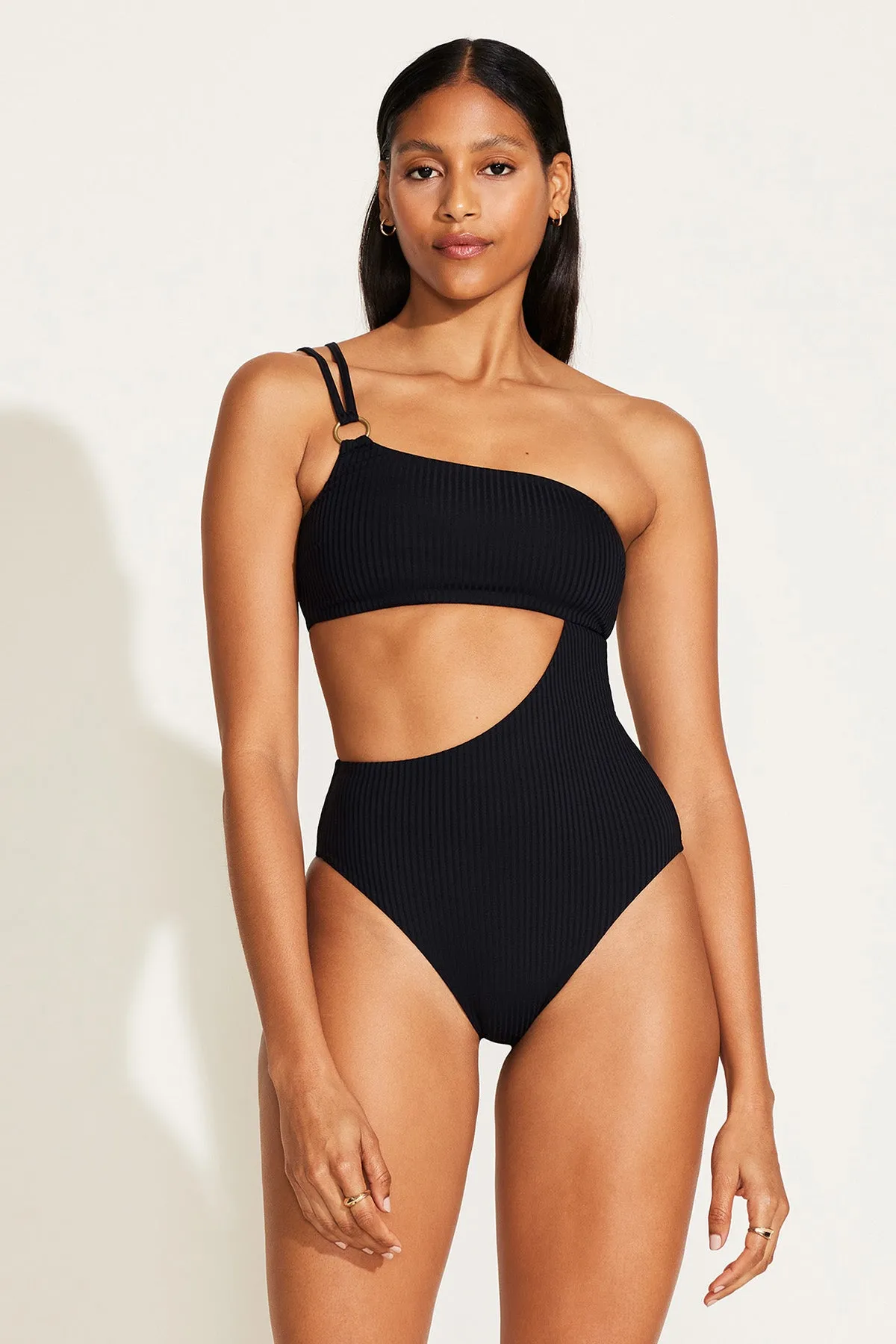 Waterfront Fun Cosmo One Shoulder One Piece - Black EcoRib