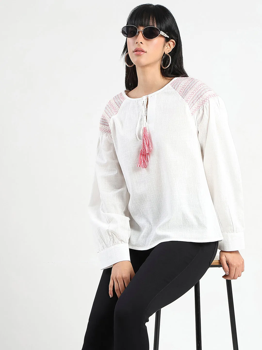 Recycled materials Madame Tie Neck Cotton Blend White Top