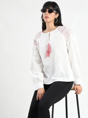 Recycled materials Madame Tie Neck Cotton Blend White Top