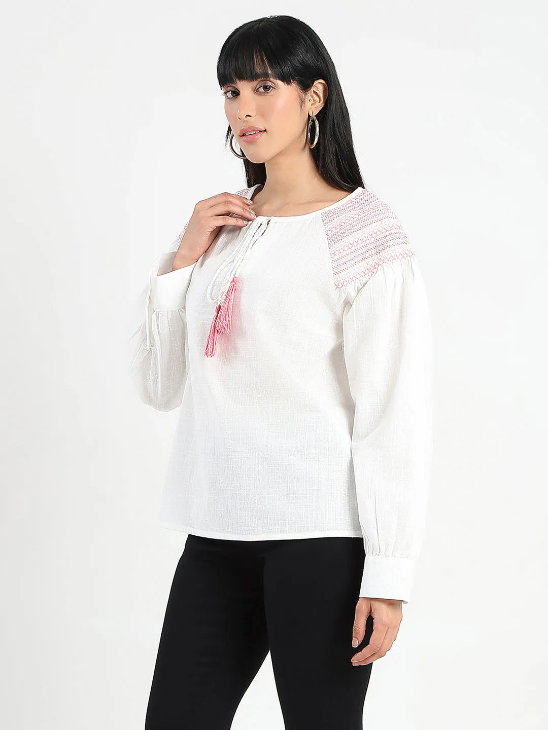 Madame Tie Neck Cotton Blend White Top Comfortable Coat