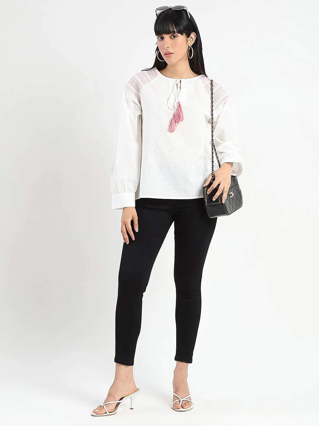 Madame Tie Neck Cotton Blend White Top FourWay Stretch Tale Core