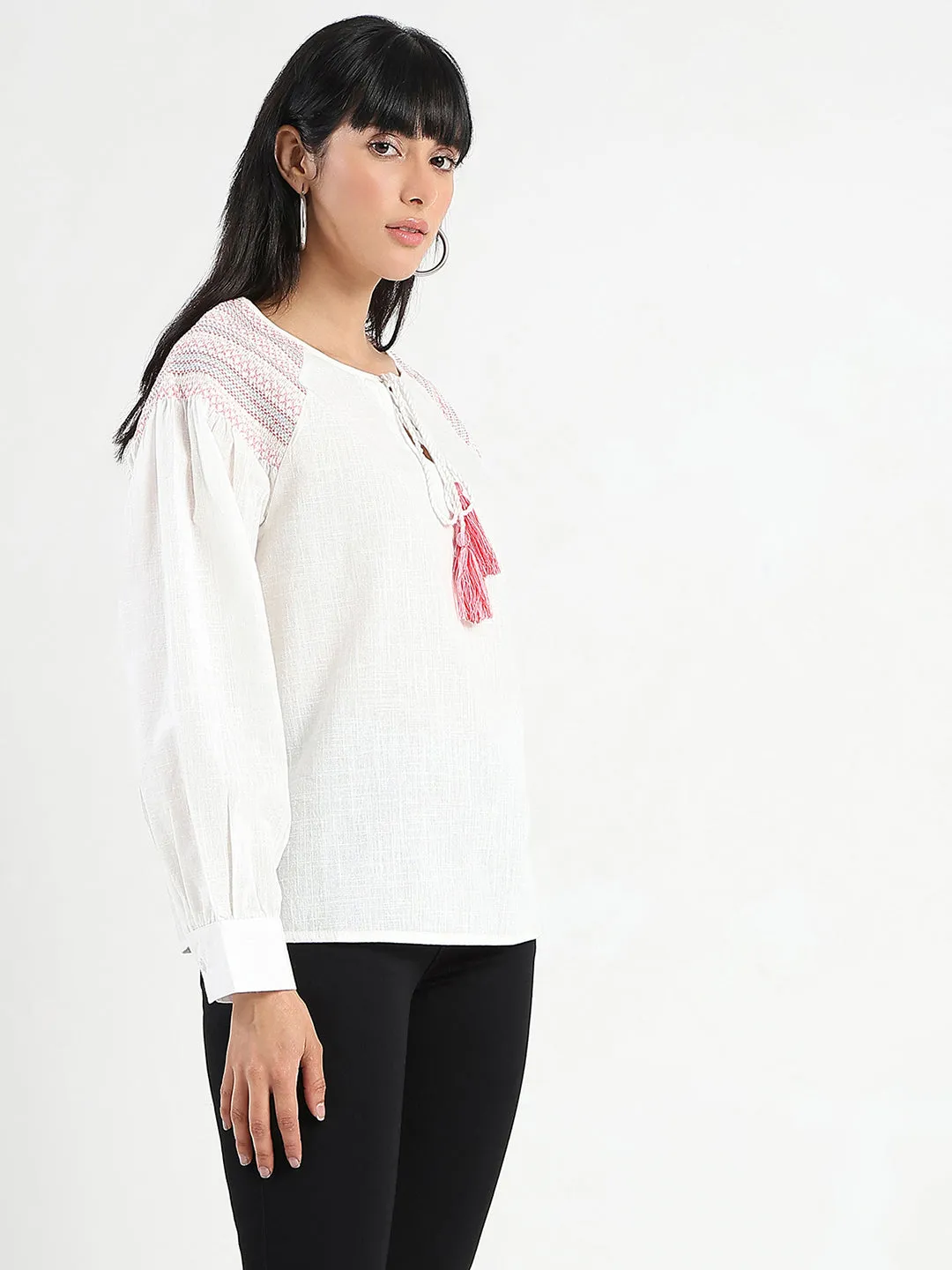 Madame Tie Neck Cotton Blend White Top Smile Glow StaticResistantTextile