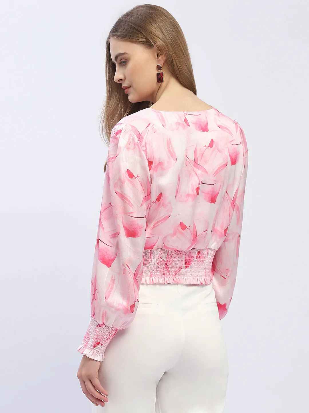 Madame V-Neck Pink Cinched Waist Crop Top Velvet Soul
