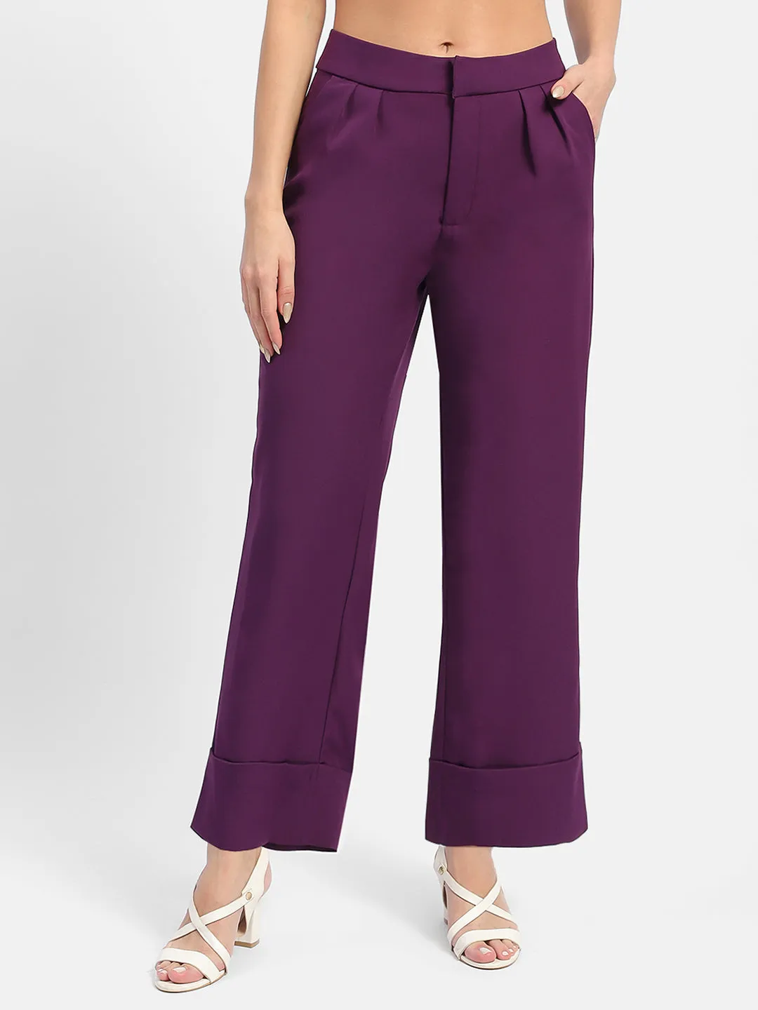 Madame Front Pleated Purple Rolled Hem Trousers Timeless Utility