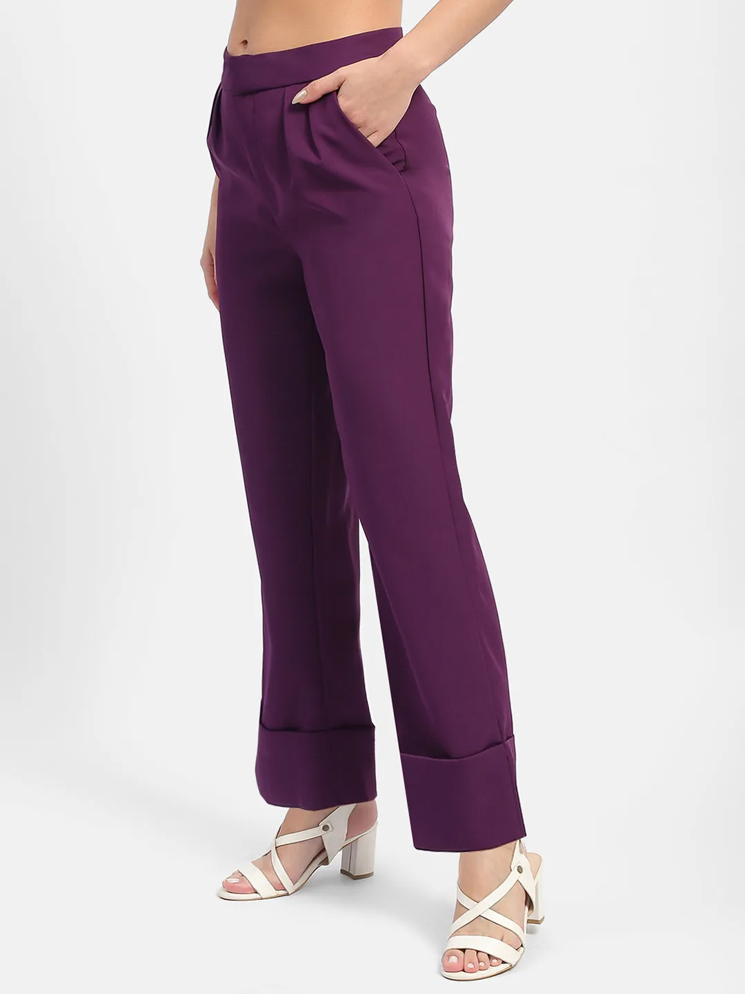 Madame Front Pleated Purple Rolled Hem Trousers Functional Comfort Wear