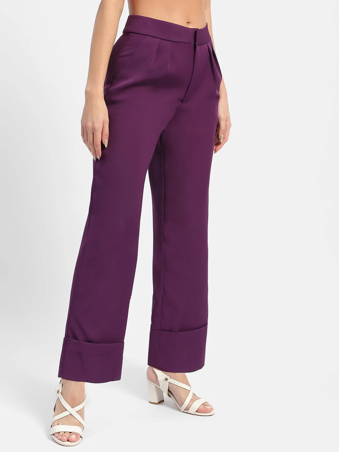 Madame Front Pleated Purple Rolled Hem Trousers Eco Friendly Material Casual Comfort
