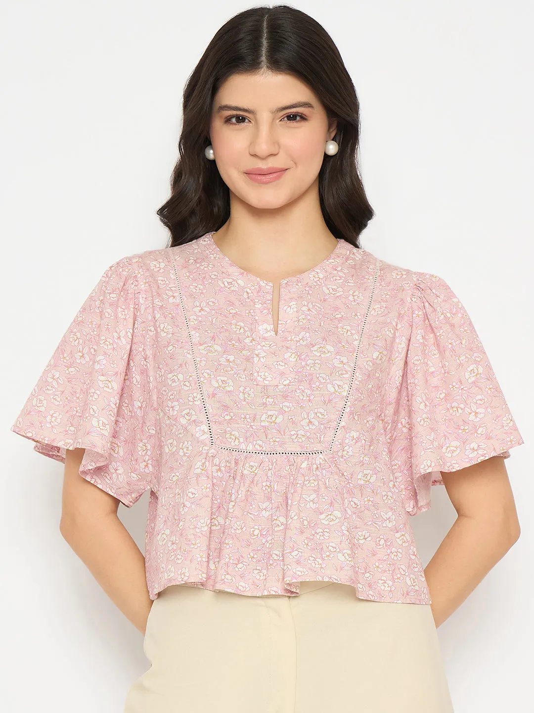Madame Floral Print Pink Cotton Peplum Top Sporty Look Comfortable Jacket