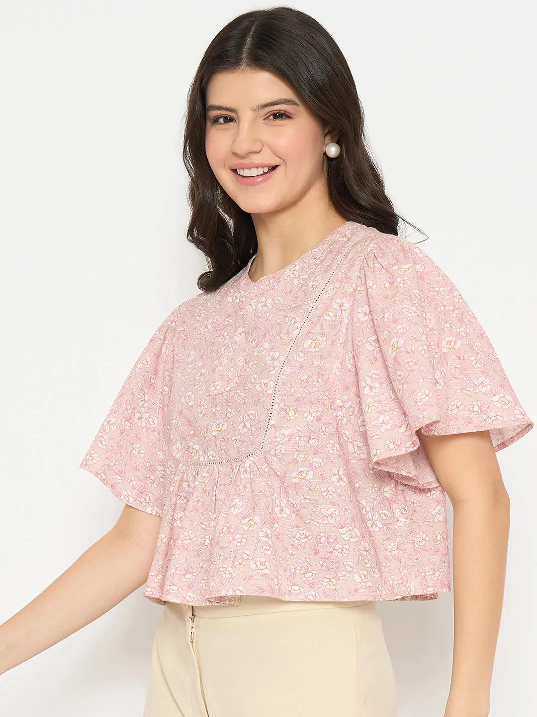 Madame Floral Print Pink Cotton Peplum Top AI Core Reinforced Knees