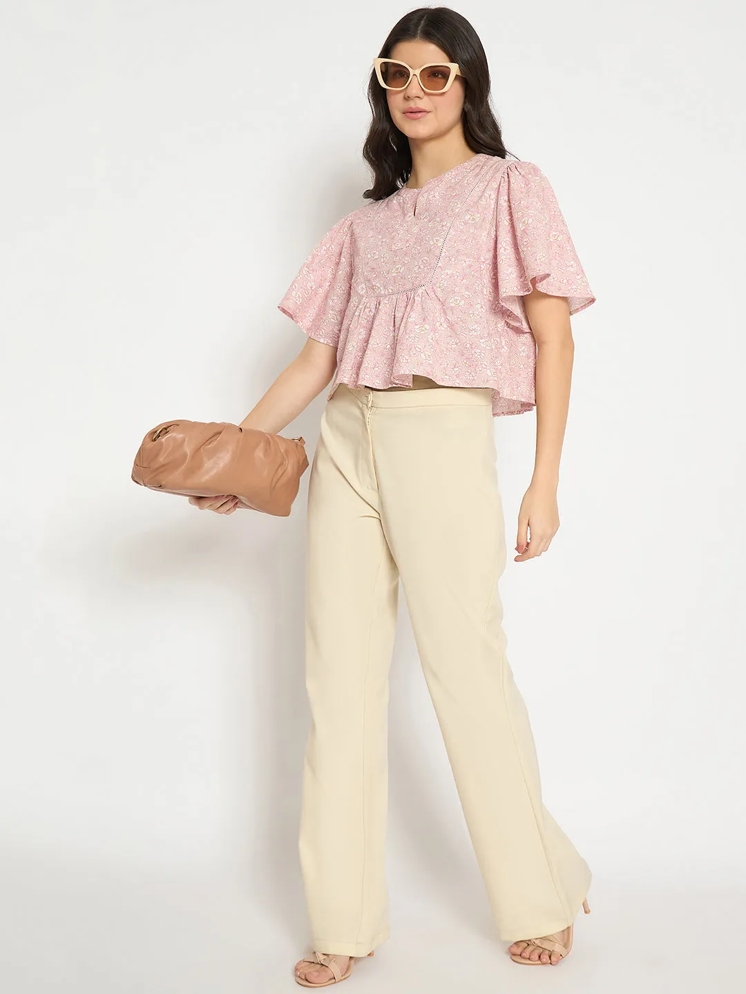 Madame Floral Print Pink Cotton Peplum Top Functional Design