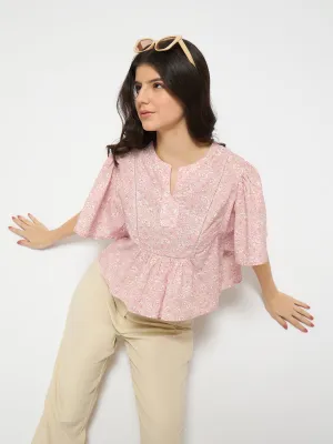 Suede Mood Madame Floral Print Pink Cotton Peplum Top