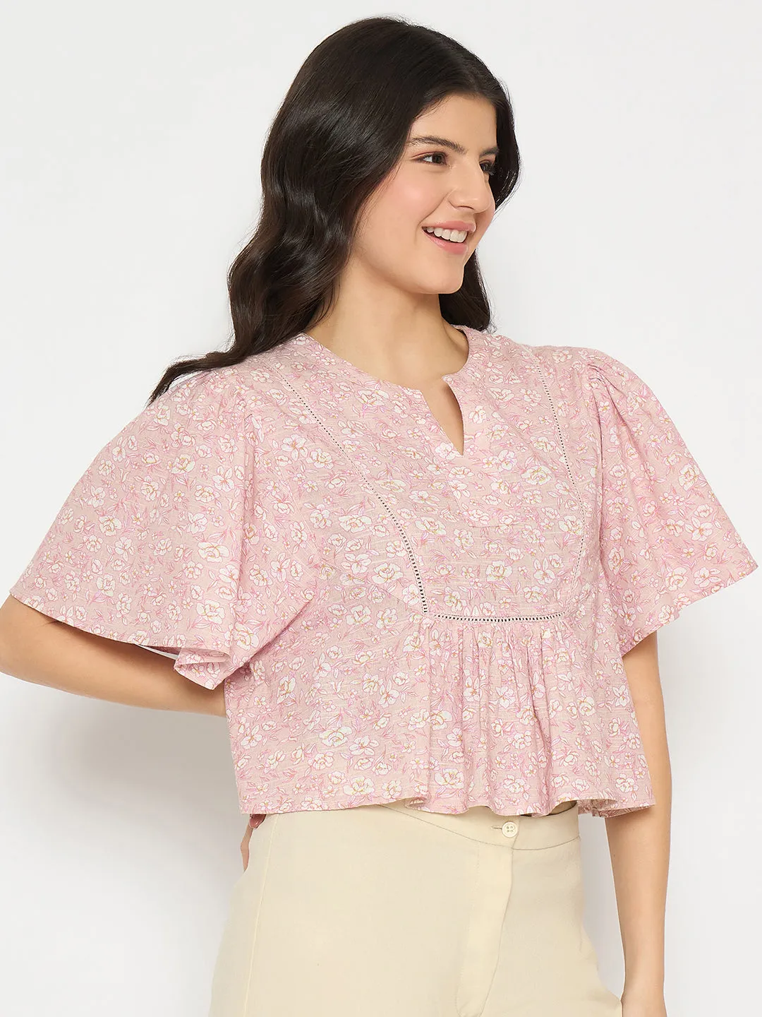Sustainable Base Madame Floral Print Pink Cotton Peplum Top