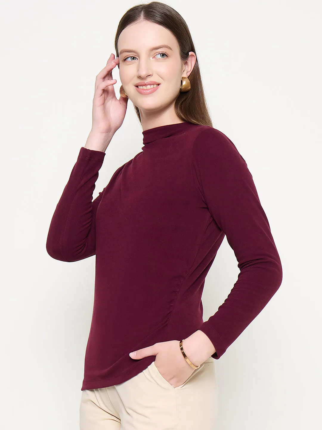 Madame Funnel Neck Full Sleeve Seam Detailed Solid Maroon Knitted Top Soft Touch Formal Attire