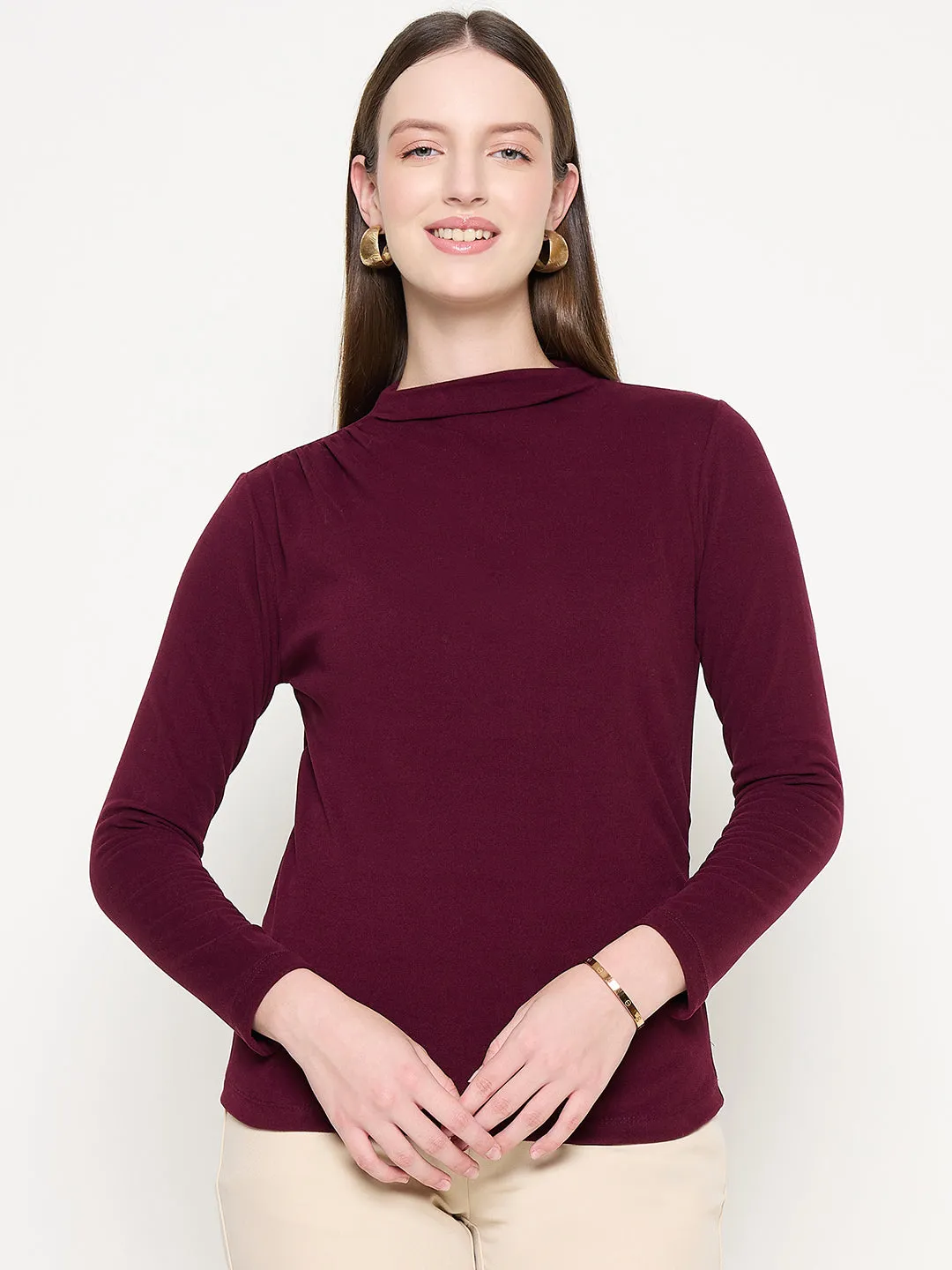Madame Funnel Neck Full Sleeve Seam Detailed Solid Maroon Knitted Top Stretch Fit HypoallergenicMaterial