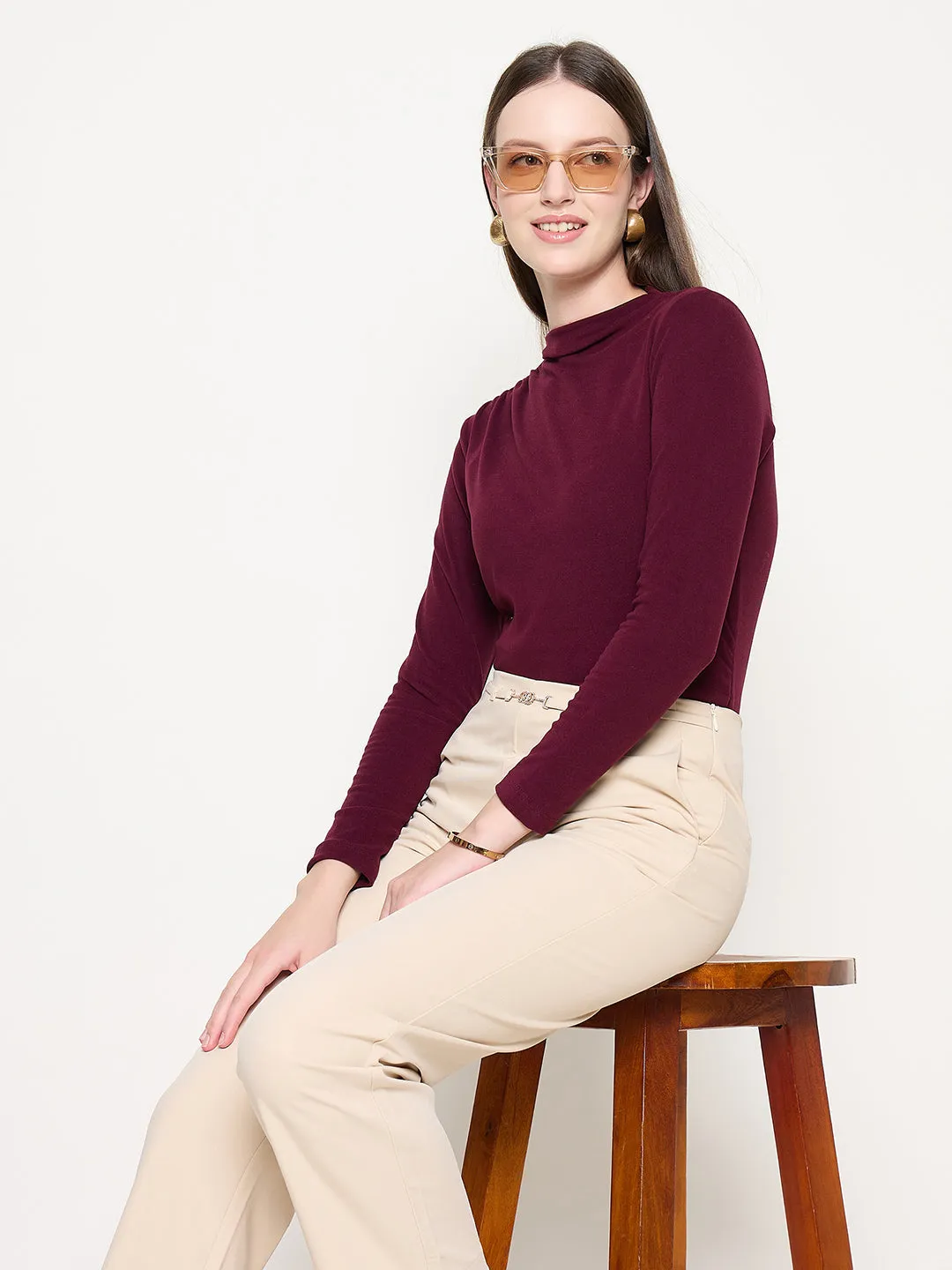Madame Funnel Neck Full Sleeve Seam Detailed Solid Maroon Knitted Top Lake Glow