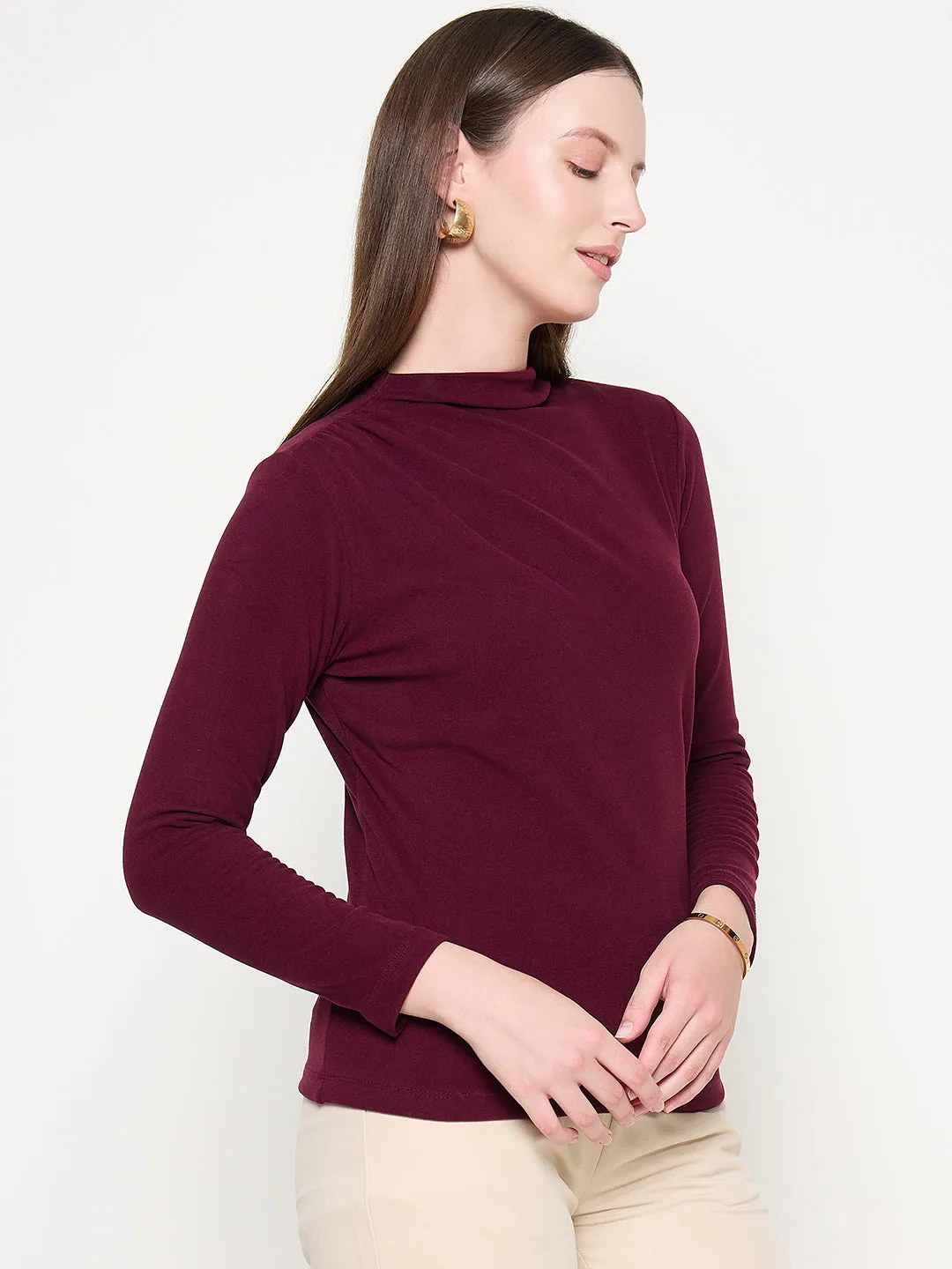 CompactFold Madame Funnel Neck Full Sleeve Seam Detailed Solid Maroon Knitted Top