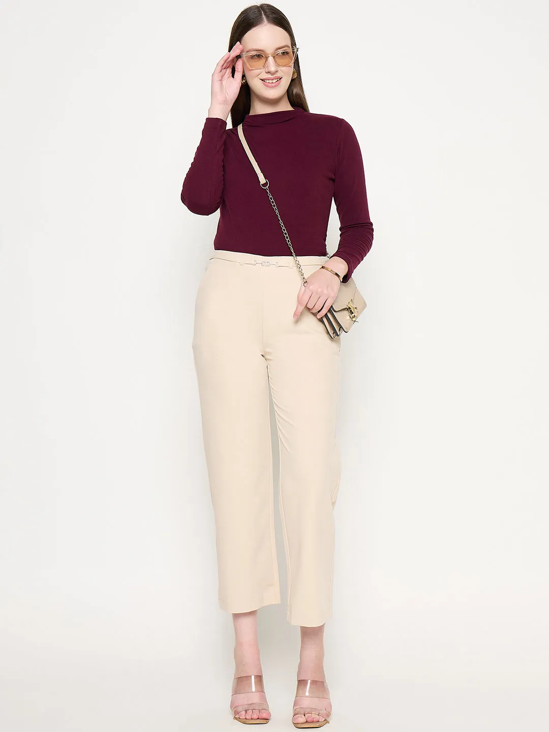 Madame Funnel Neck Full Sleeve Seam Detailed Solid Maroon Knitted Top Weekend Style