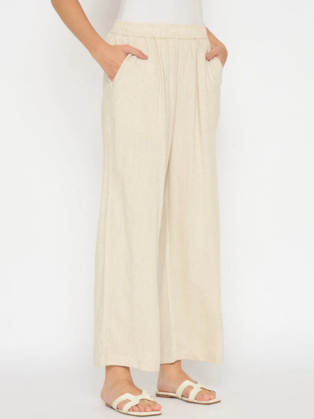 Madame Straight Fit Solid Beige Rayon Blend Trousers StretchMaterial Easy Movement