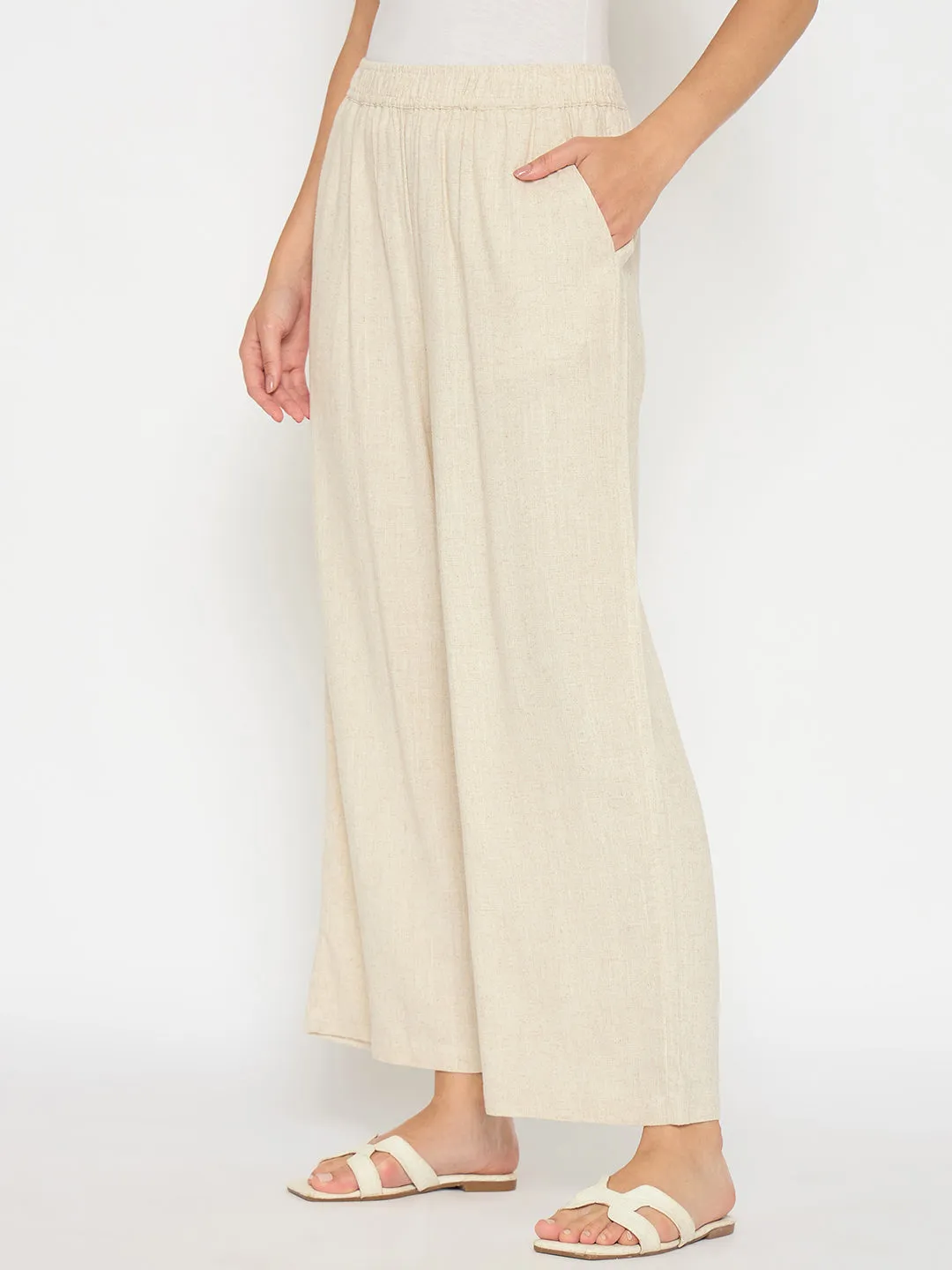 Madame Straight Fit Solid Beige Rayon Blend Trousers Perfect Silhouette CompressionFitFabric