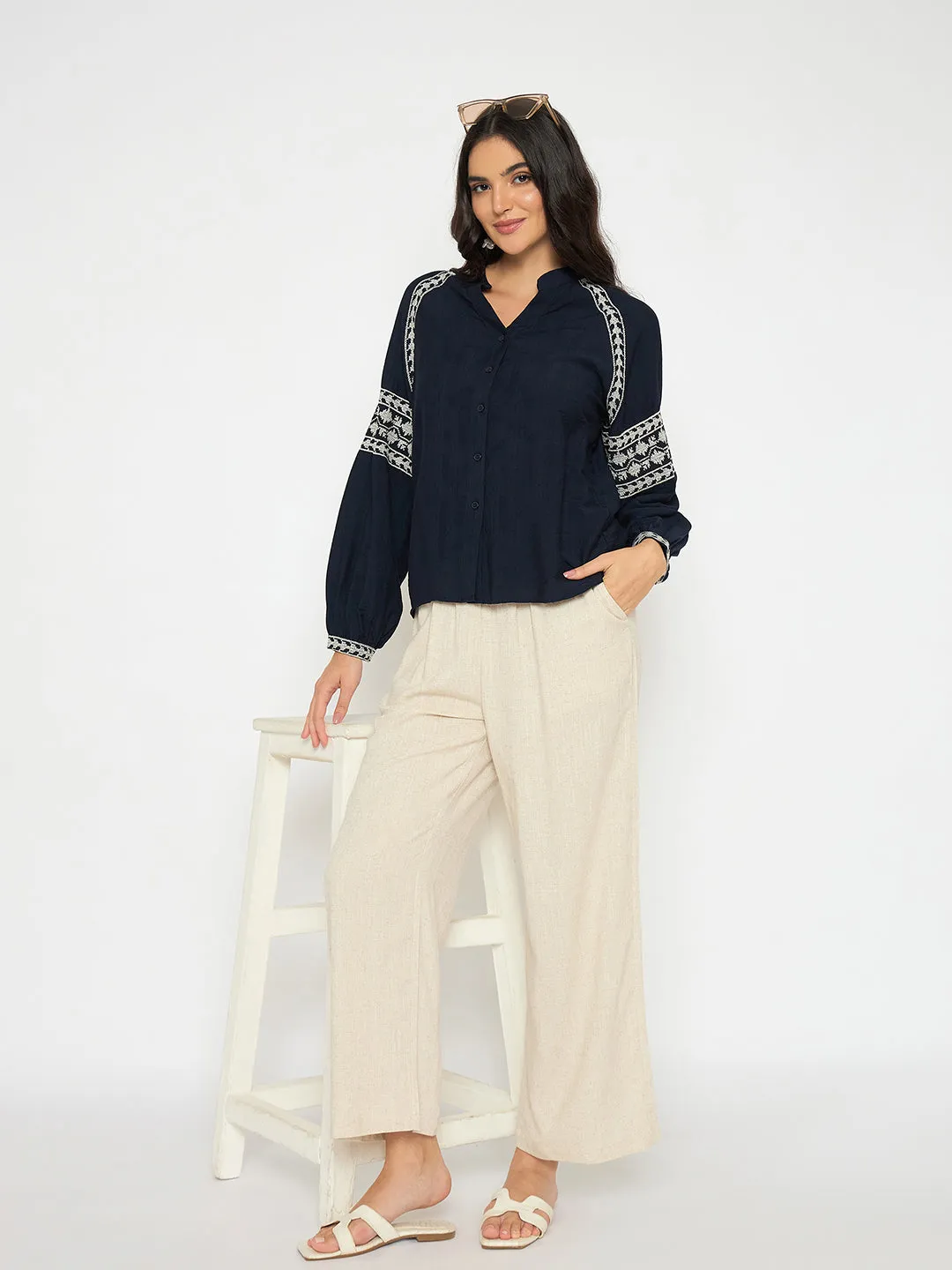 Madame Straight Fit Solid Beige Rayon Blend Trousers Street Comfort Easy Travel
