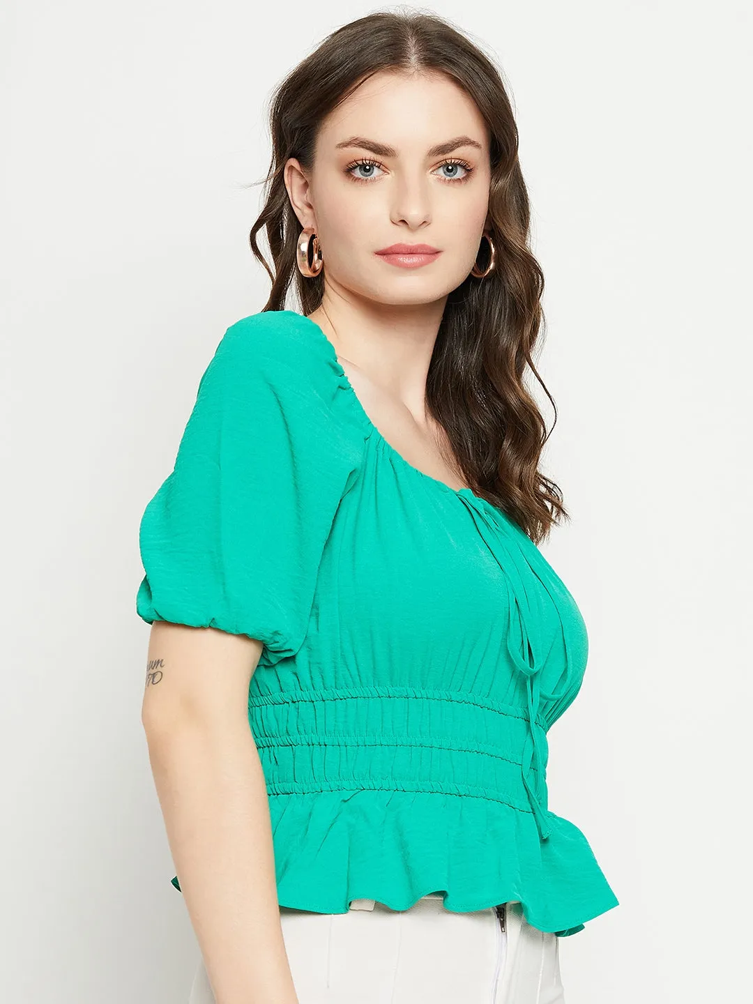 Madame Ruched Waist Tie-Front Green Peplum Top Easy Style Open Heart
