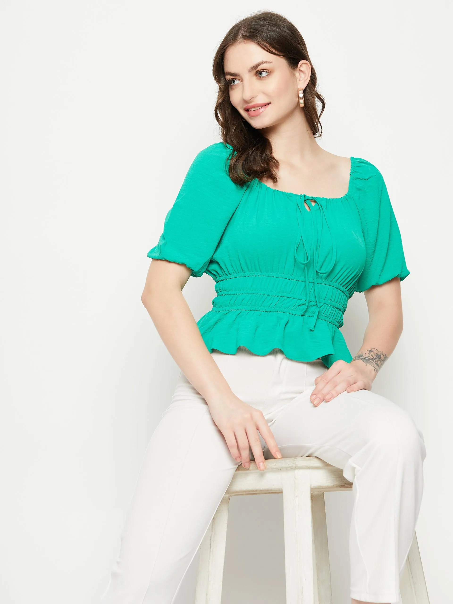 Placket Closure Madame Ruched Waist Tie-Front Green Peplum Top