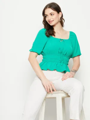Placket Closure Madame Ruched Waist Tie-Front Green Peplum Top