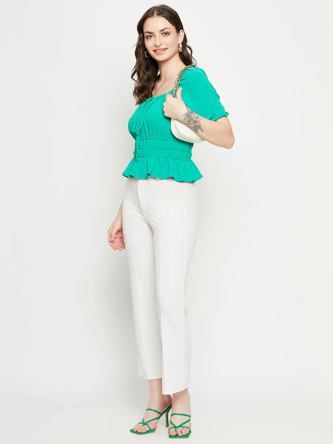 OdorControl Treatment Easy Tunic Madame Ruched Waist Tie-Front Green Peplum Top